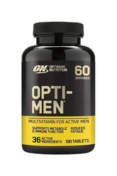 Optimum Nutrition Opti-Men multivitamin bottle for active men, contains 180 tablets, supports metabolism and reduces fatigue.